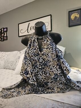 Black Floral Cold Shoulder Top with Chain Detail